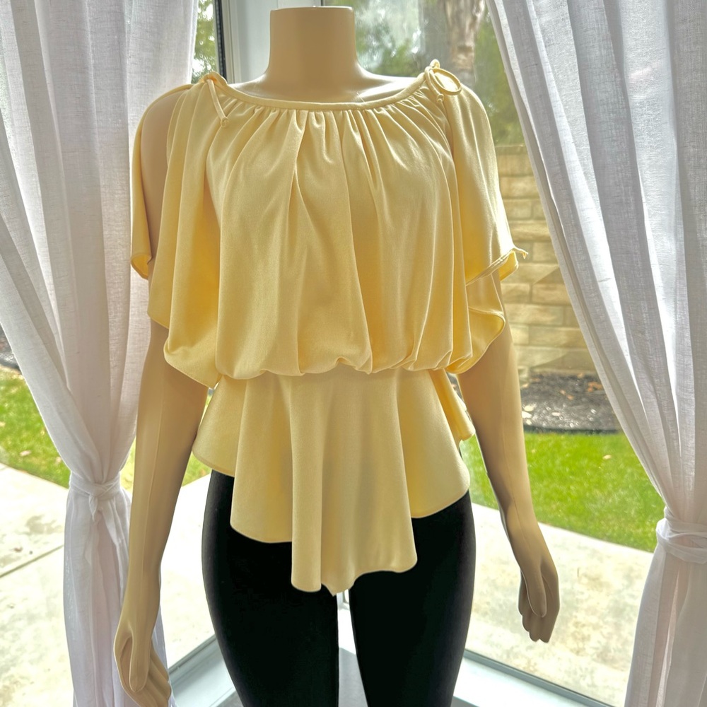 Vintage Patty O’Neil Yellow Peplum Blouse Flutter Sleeve Top Retro Size S Small